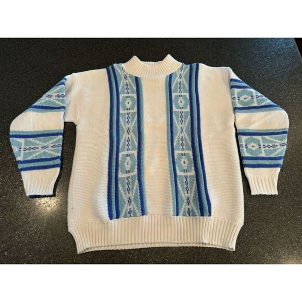 Vintage Cotton Place 3D Sweater Blue And White‎ Large Womens Grandma Sweater